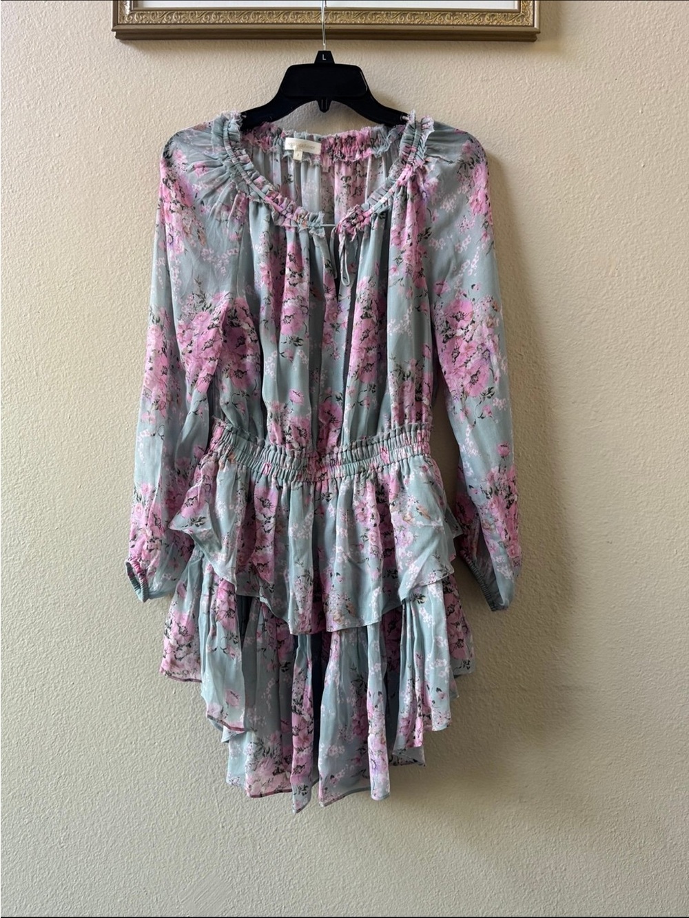 LoveShackFancy mini dress popover blue pink floral size S